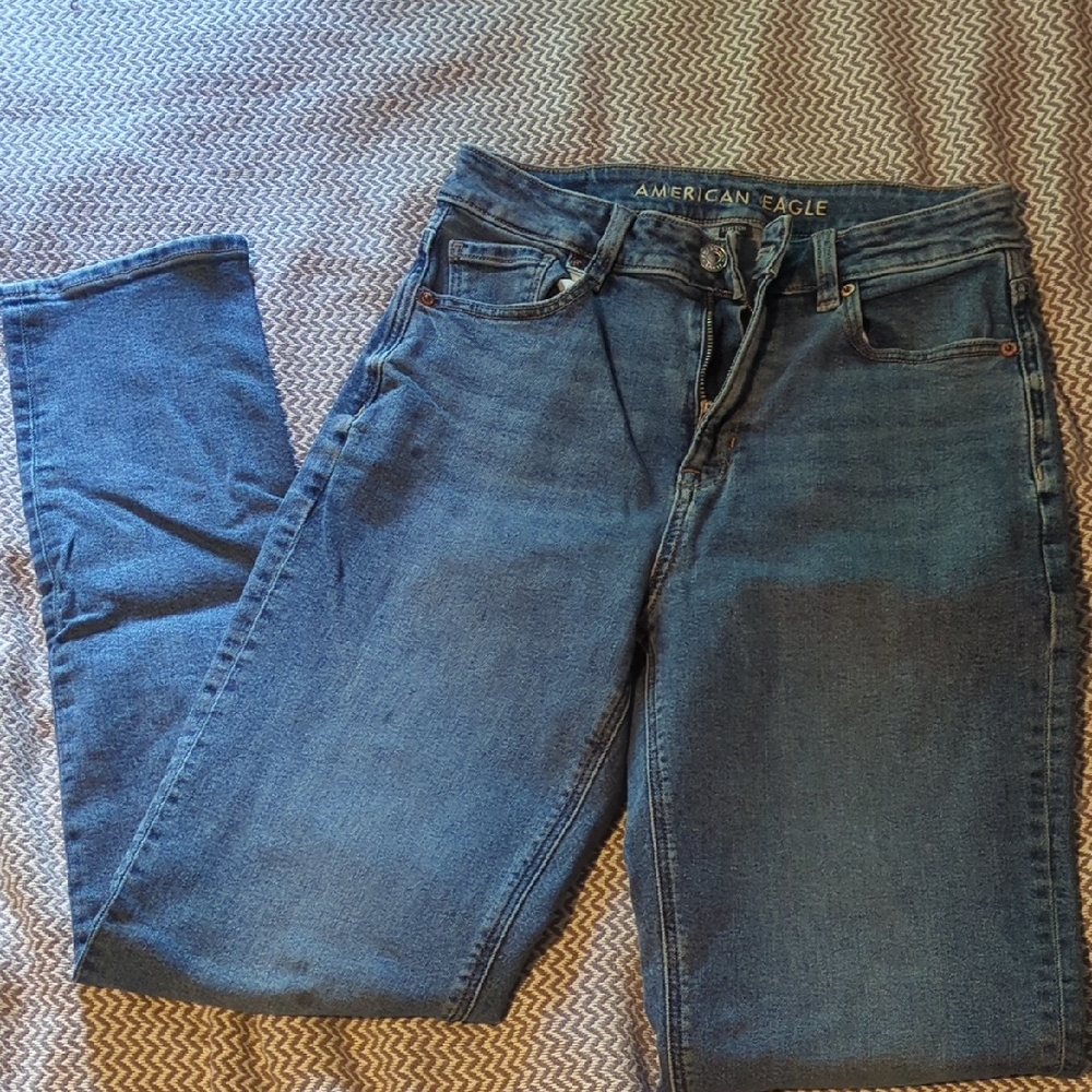 American Eagle Outfitters Blue Straight Leg Jeans with Contrast Stitching